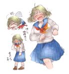  >_< 1girl blood blue_serafuku blush commentary_request crying exhausted ghost giving_up_the_ghost green_hair heavy_breathing highres hinako_(omusubi) libera long_skirt official_art omusubi_(game) pleated_skirt plump running school_uniform serafuku short_hair skirt sweat 