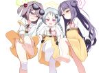  3girls absurdres ahoge barefoot black_gloves blue_archive blue_eyes blush braid brown_hair closed_mouth commentary_request double_bun eyewear_on_head fang feet fledglings_class_(blue_archive) gloves green_halo grey_hair hair_bobbles hair_bun hair_ornament halo highres huan_yu long_hair long_sleeves looking_down multiple_girls nagomi_(blue_archive) name_tag one_side_up open_mouth pantyhose purple_hair purple_halo red_eyes shaded_face shirt skin_fang skirt soles suiko_(blue_archive) sunglasses suspender_skirt suspenders twin_braids white_background white_pantyhose white_shirt yellow_halo yellow_skirt youko_(blue_archive) 