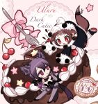  2girls animal_ears animal_hood babybweep breasts brown_hair cake cherry cleavage commentary_request dark_cutie english_commentary flower food fork fruit fur_hood highres hood large_breasts magical_girl mahou_shoujo_ikusei_keikaku mahou_shoujo_ikusei_keikaku_aces mixed-language_commentary multiple_girls pantyhose purple_eyes purple_hair red_eyes rose short_hair tail ururu_(mahoiku) 