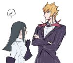  1boy 1girl black_gloves black_hair blonde_hair carly_nagisa commentary_request crossed_arms glasses gloves halloween_costume ishinonono jack_atlas long_hair musical_note purple_eyes simple_background sketch spoken_musical_note white_background yu-gi-oh! yu-gi-oh!_5d's 