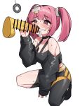  1girl @_@ absurdres bar_censor bare_shoulders black_shirt black_shoes blush censored coin commentary coral_(pokemon) cum cum_in_mouth cum_on_body disembodied_penis eyelashes facial hair_ornament hand_up hetero highres holed_coin hypno hypnosis long_sleeves mind_control off-shoulder_shirt off_shoulder pendulum penis pink_hair pokemon pokemon_(anime) pokemon_horizons pokephilia purple_eyes raised_inner_eyebrows shirt shoes simple_background skirt string sweat two_side_up white_background ziro_(zirorong) 