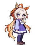  1girl absurdres ahoge animal_ears blush bow bowtie brown_shoes closed_mouth commentary_request ear_covers full_body highres horse_ears horse_girl horse_tail jorang_(jorang08) korean_commentary long_hair long_sleeves looking_at_viewer multicolored_hair orange_hair orfevre_(umamusume) pleated_skirt purple_eyes purple_sailor_collar purple_serafuku purple_shirt purple_skirt purple_thighhighs sailor_collar sailor_shirt school_uniform serafuku shirt shoes simple_background single_ear_cover skirt solo tail thighhighs tracen_school_uniform two-tone_hair umamusume white_background white_bow white_bowtie white_hair 