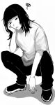 09duu 1other androgynous black_hair black_pants black_shoes blunt_bangs borrowed_character commentary_request full_body highres medium_hair nyoka_(nn_yoka) original other_focus pants raised_inner_eyebrows shirt shoes solo squatting sweatdrop tongue tongue_out white_shirt 