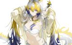  1girl alternate_costume arknights bikini blonde_hair blue_eyes breasts chromatic_aberration closed_mouth colored_extremities commentary dragon_girl dragon_horns dragon_tail grey_hair hair_between_eyes hair_lift highres horns jewelry korean_commentary light_smile long_hair long_sleeves looking_at_viewer medium_breasts mona0101 navel necklace pointy_ears purple_hair red_pupils shirt shu_(arknights) simple_background solo swimsuit tail upper_body very_long_hair white_background white_bikini white_shirt 