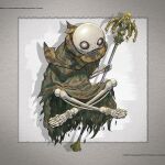  1boy bald barefoot border cloak commentary elfreiart emil_(nier) english_commentary floating full_body grin highres holding holding_staff holding_weapon looking_at_viewer male_focus nier nier_(series) patterned_clothing scarf sitting skeleton smile solo staff teeth weapon 
