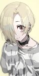  1girl blonde_hair brown_eyes choker collarbone ear_piercing hair_over_one_eye highres idolmaster idolmaster_cinderella_girls long_sleeves looking_at_viewer parted_bangs piercing shirasaka_koume shirt short_hair sleeves_past_fingers sleeves_past_wrists smile solo striped_clothes striped_shirt torn_clothes yellow_background yuura 