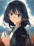  1girl absurdres black_hair black_jacket blazer blue-framed_eyewear blue_sky book brown_eyes cloud cloudy_sky collared_shirt commentary day eudetenis from_side glasses grass highres holding holding_book jacket long_hair long_sleeves looking_at_viewer open_clothes open_jacket original outdoors parted_lips pointy_ears semi-rimless_eyewear shirt sky smile solo suit tree under-rim_eyewear upper_body white_shirt 