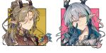  arknights artist_request blonde_streaks blue_streaks border brothers brown_hair brown_hands chinese_commentary closed_mouth colored_extremities commentary_request commission dragon_boy dragon_horns earrings eastern_dragon_horns green_streaks grey_hair hair_between_eyes high_collar highres holding holding_ticket horns jewelry ji_(arknights) long_hair long_sleeves looking_at_viewer male_focus mole mole_under_eye multicolored_hair one_eye_closed outside_border pointy_ears second-party_source siblings smile streaked_hair ticket upper_body white_border yi_(arknights) 