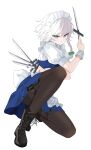  1girl absurdres apron back_bow between_fingers blue_eyes boots bow braid brown_boots brown_pantyhose chimi_(s2yuyukos2) commentary full_body green_bow grey_hair hair_bow highres holding holding_knife izayoi_sakuya knife knives_between_fingers lace-up_boots long_hair looking_at_viewer maid maid_headdress on_one_knee pantyhose puffy_short_sleeves puffy_sleeves sheath sheathed short_sleeves simple_background solo thigh_sheath thigh_strap touhou twin_braids waist_apron weapon_in_garters white_background white_bow white_wrist_cuffs wrist_cuffs 