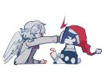  2girls anger_vein angry arm_up black_capelet blue_hair book bow bowtie braid capelet clenched_hand closed_mouth covered_face doremy_sweet dress feathered_wings from_side fur-trimmed_headwear fur_trim grey_hair grey_jacket half_up_braid hand_up hat highres holding holding_book index_finger_raised jacket kishin_sagume l_fzxxxx long_sleeves multiple_girls nightcap no_eyes open_clothes open_jacket pom_pom_(clothes) puffy_long_sleeves puffy_sleeves punching purple_dress red_bow red_bowtie red_hat short_hair simple_background single_wing touhou turtleneck turtleneck_dress upper_body white_background white_dress wings 