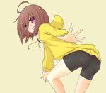  ahoge ass bad_id bad_pixiv_id bike_shorts blush brown_hair highres hood hoodie linne mei_mu outstretched_hand red_eyes short_hair solo under_night_in-birth yellow_hoodie 