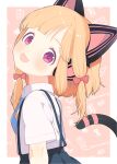  1girl animal_ear_headphones animal_ears black_skirt blonde_hair blue_archive blunt_bangs blush border bow cat_ear_headphones cat_ears cat_tail commentary_request fake_animal_ears hair_bow headphones highres looking_at_viewer mechanical_tail momoi_(blue_archive) open_mouth outside_border pink_background pink_eyes pleated_skirt red_bow saga_inu shirt short_hair short_sleeves skirt solo suspender_skirt suspenders tail upper_body white_border white_shirt 