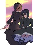  2girls black_dress blue_eyes closed_mouth commentary crossover dress english_commentary ghost_in_the_shell gundam kneehighs kusanagi_motoko lalah_sune long_hair looking_at_viewer medium_hair mobile_suit_gundam multiple_girls pydiyudie socks 