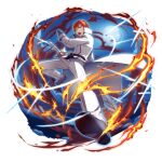  1boy belt black_gloves blue_eyes coat fire full_body full_moon game_asset gloves grand_summoners holding holding_sword holding_weapon long_sleeves looking_at_viewer male_focus moon night official_art open_mouth pants re:zero_kara_hajimeru_isekai_seikatsu red_hair reinhard_van_astrea solo sword weapon white_background white_coat white_pants 
