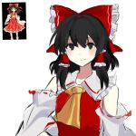  1girl ascot black_eyes black_hair bow closed_mouth commentary dairi detached_sleeves frilled_bow frilled_hair_tubes frills hair_bow hair_tubes hakurei_reimu long_hair looking_at_viewer red_bow reference_inset ribbon-trimmed_sleeves ribbon_trim simple_background smile solo touhou upper_body white_background yellow_ascot zi_ziyuan_zuhsjsh 