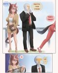  1boy 2girls absurdres aged_up alternate_breast_size_(larger) alternate_costume anger_vein animal_ears black_jacket black_pants blue_eyes breasts brown_hair brown_jacket brown_shoes brown_skirt clipboard collared_shirt commentary commission cropped_shirt english_commentary english_text hair_between_eyes high_heels highres holding holding_clipboard horse_ears horse_girl horse_tail jacket jewelry kitasan_black_(umamusume) large_breasts long_hair long_sleeves midriff mitamory multicolored_hair multiple_girls navel necktie open_clothes open_jacket pants red_jacket red_necktie red_track_suit ring shirt shoes skirt socks speech_bubble spoken_anger_vein streaked_hair t-head_trainer_(umamusume) tail tokai_teio_(umamusume) tracen_training_uniform track_jacket track_pants track_suit trainer_(umamusume) two-tone_hair umamusume wedding_ring whipped_cream white_hair white_shirt white_socks 