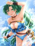 1girl :d arm_up armpits bare_arms bare_shoulders bikini blue_bikini blue_sky blush breasts brown_choker choker cleavage cloud collarbone commentary_request day earrings fire_emblem fire_emblem:_the_blazing_blade fire_emblem_heroes flower green_eyes green_hair hair_flower hair_ornament highres jewelry kei_(asufend) large_breasts long_hair looking_at_viewer lyn_(fire_emblem) lyn_(lady_of_the_beach)_(fire_emblem) navel necklace ocean official_alternate_costume open_mouth outdoors ponytail shell shell_necklace sky smile solo stomach strapless strapless_bikini swimsuit teeth thick_thighs thighs upper_teeth_only very_long_hair wading water 