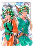  1girl armband asymmetrical_clothes bad_id bad_pixiv_id belt blue_eyes castle circlet dragon dragon_quest dragon_quest_iv earrings gloves green_hair green_leotard headgear hero_(dq4) heroine_(dq4) jewelry layered_clothing leotard shield single_glove slime_(dragon_quest) tunic weapon yokuarumyoujis 