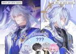  1girl 4boys ? ?? arm_up armor arrow_(symbol) artist_name bishie_sparkle black_choker black_gloves black_hair black_jacket black_shirt blue_jacket caelus_(honkai:_star_rail) choker clenched_hand closed_mouth commentary constellation_print covering_face dan_heng_(honkai:_star_rail) dan_heng_(hunt)_(honkai:_star_rail) dual_persona earrings english_commentary english_text eyeliner feathered_wings flying_sweatdrops gloves gold_earrings grey_hair hair_between_eyes halo halo_behind_head hand_on_own_chest head_wings highres honkai:_star_rail honkai_(series) hood hooded_jacket jacket jewelry long_sleeves looking_at_another looking_at_viewer makeup male_focus march_7th_(honkai:_star_rail) march_7th_(preservation)_(honkai:_star_rail) multicolored_eyes multicolored_jacket multiple_boys multiple_rings no_mouth notice_lines official_alternate_costume open_clothes open_jacket open_mouth open_vest piercing pink_eyes pink_hair pointing pointing_at_another puffy_long_sleeves puffy_sleeves purple_shirt raineemeow red_eyeliner ring shaded_face shirt short_hair shoulder_armor shy sidelocks single_earring smile sparkle squiggle sunday_(honkai:_star_rail) sunday_(sacerdos'_relived_ordeal)_(honkai:_star_rail) t-shirt tassel tongue tongue_out trailblazer_(honkai:_star_rail) turtleneck turtleneck_shirt two-tone_jacket upper_body vest wavy_hair white_jacket white_shirt white_vest wing_piercing wings yellow_eyes 