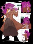  1girl alternate_costume alternate_hairstyle brown_coat brown_pants brown_vest coat colored_sclera colored_teeth commentary cosplay deltarune english_text eyepatch furry furry_female gerson_boom gerson_boom_(cosplay) highres holding holding_pen holding_weapon index_finger_raised long_hair meme one_eye_covered pants pen ponytail purple_eyes purple_hair reptile_girl role_reversal scarf sharp_teeth susie_(deltarune) teeth urethra!_(meme) utdr_(toby_fox) vest vvvermw weapon yellow_scarf yellow_sclera yellow_teeth 