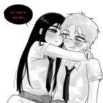  2girls alien_stage arms_around_neck bruise bruise_on_face collared_shirt comic_sans commentary english_commentary english_text glasses highres hug imsoboredd4 injury long_hair mizi_(alien_stage) mizi_(zombie_stage) multiple_girls necktie school_uniform shirt short_hair speech_bubble spot_color sua_(alien_stage) sua_(zombie_stage) very_short_hair yuri zombie_stage 