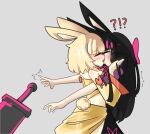  !? 2girls animal_ears black_hair blonde_hair bow closed_eyes commentary cowboy_shot dancer_rabbit detached_sleeves english_commentary greatsword grey_background hair_bow heavyblade_rabbit kiss long_hair multiple_girls pink_bow rabbit_and_steel rabbit_ears rabbit_girl rabbit_tail short_hair simple_background skirt surprise_kiss surprised sword tail weapon yellow_skirt yellow_sleeves yuri yuroneero 