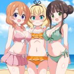  3girls ass_visible_through_thighs bikini bikini_skirt black_hair blonde_hair blue_eyes blue_sky blunt_bangs breast_envy breast_size_difference breasts cloud commentary_request day flat_chest frilled_bikini frills gochuumon_wa_usagi_desu_ka? green_bikini green_eyes hair_bun highres hoto_cocoa kirima_syaro large_breasts long_hair multiple_girls navel open_mouth orange_bikini orange_hair outdoors pink_bikini polka_dot polka_dot_bikini ruffle_bikini sakuzo shaded_face short_hair sidelocks sky swimsuit ujimatsu_chiya 