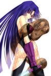  1girl arc_system_works ass back bare_shoulders bodysuit breasts chaos_code fishnet fishnets fk_digital from_behind frown gauntlet gauntlets kagari_(chaos_code) large_breasts long_hair looking_at_viewer purple_eyes purple_hair reverse_grip see-through shiny shiny_skin sideboob single_glove snake sword turning_head weapon 