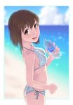  beach bikini blurry bob_cut bottle brand_name_imitation brown_eyes brown_hair collarbone day depth_of_field hagiwara_yukiho idolmaster idolmaster_(classic) impossible_clothes impossible_swimsuit looking_at_viewer nose ocean open_mouth pocari_sweat sat short_hair side-tie_bikini solo swimsuit teeth 