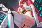  1girl absurdres bandeau black_choker black_horns blue_eyes blue_nails breasts choker closed_mouth commentary double_halo earrings elbow_gloves english_commentary fingerless_gloves giant giantess gloves guyrys halo heterochromia highres hololive hololive_english horns irys_(hololive) irys_(race_queenrys)_(hololive) jewelry long_hair long_pointy_ears looking_at_viewer multicolored_hair nail_polish night official_alternate_costume outdoors paid_reward_available pointy_ears ponytail purple_eyes purple_hair red_streaks short_shorts shorts smile solo somebody_(leiking00) star-shaped_pupils star_(symbol) star_halo streaked_hair symbol-shaped_pupils thigh_strap thighhighs underboob very_long_hair virtual_youtuber white_bandeau white_gloves white_shorts white_thighhighs 