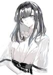  1girl absurdres arknights black_hair black_hairband chinese_commentary coat commentary_request expressionless hairband highres lab_coat long_hair looking_at_viewer parted_lips priestess_(arknights) purple_eyes simple_background solo sweater turtleneck turtleneck_sweater upper_body white_background white_coat white_sweater yanainayn 