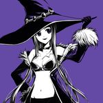  breasts hal-13 hand_on_hip hat highres long_hair medium_breasts monochrome navel purple_background simple_background smile solo venus_&amp;_braves very_long_hair vivid_orrin witch_hat 