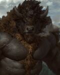  1boy bara breath commentary cropped english_commentary furry furry_male highres horns large_pectorals looking_at_viewer male_focus muscular muscular_male nipples original paid_reward_available pectorals solo taran_fiddler upper_body 
