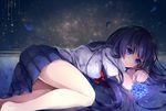  barefoot black_hair blue_eyes blue_hair flower legs long_hair lying on_stomach original petals puracotte ripples school_uniform serafuku skirt sky smile solo star_(sky) starry_sky thighs water 