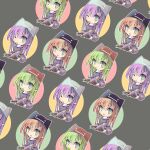  1girl absurdres black_hat black_thighhighs blush brown_hair brown_hat chibi chibi_only clover commentary_request deviruchi_hat dress four-leaf_clover full_body garter_straps green_eyes grey_hat grey_shoes hanimitsu hat highres juliet_sleeves long_hair long_sleeves looking_at_viewer open_mouth pointy_ears priest_(ragnarok_online) puffy_sleeves purple_dress purple_hair ragnarok_online shoes simple_background sitting smile solo thighhighs tileable white_background 