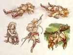  armor barefoot blush braid character_sheet feet fighting_stance fingerless_gloves freckles gloves hanging_on_tree highres les_chevaucheurs long_hair maxa' midriff navel phenice_walholl polearm poses red_hair scar sitting soles spear toeless_legwear toes tree weapon 