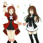  2girls :d ahoge amagase_touma arm_up black_jacket black_shirt black_skirt black_socks black_thighhighs bow bowtie brown_eyes brown_hair catgirl0926 commentary_request feet_out_of_frame genderswap genderswap_(mtf) idolmaster idolmaster_side-m jacket kneehighs long_hair looking_at_viewer multiple_girls open_mouth outstretched_arm red_hair red_jacket shirt short_sleeves side-by-side simple_background skirt smile socks standing star_(symbol) tendo_teru thighhighs white_background white_bow white_bowtie white_skirt 