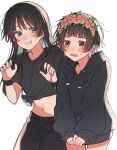  2girls b.m.m black_hair black_hoodie black_shirt blue_eyes blush brown_eyes claw_pose commentary cowboy_shot embarrassed flower flower_hairband grin head_wreath highres hood hood_down hoodie long_hair midriff multiple_girls navel official_alternate_costume open_mouth saten_ruiko shirt short_hair short_sleeves smile tied_shirt toaru_kagaku_no_railgun toaru_majutsu_no_index uiharu_kazari white_background wristband 