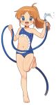  1girl absurdres barefoot blue_eyes brown_hair commentary_request commission flat_chest full_body funifuchan highres holding holding_hose hose long_hair navel nichijou one-piece_swimsuit pixiv_commission ponytail professor_shinonome revealing_clothes smile solo standing standing_on_one_leg swimsuit variant_set water 