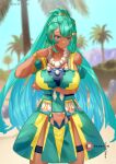  1girl arm_under_breasts bare_shoulders beach bead_necklace beads blue_dress blue_hair blue_sky breasts collarbone conope dark-skinned_female dark_skin desert dress esmeralda_(fire_emblem) finger_to_cheek fire_emblem fire_emblem:_fortune's_weave gradient_hair green_eyes green_hair high_ponytail huge_breasts jewelry long_hair multicolored_dress multicolored_hair nail_polish necklace orange_nails outdoors palm_tree parted_lips ponytail skindentation sky solo thighs tree very_long_hair yellow_dress 