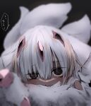  1girl black_eyes blurry claws closed_mouth colored_skin commentary_request depth_of_field faputa foreshortening grey_skin highres looking_at_viewer made_in_abyss marudoll monster_girl multicolored_hair multiple_tails reaching reaching_towards_viewer red_claws solo speech_bubble tail white_fur white_hair 