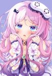  1girl bare_shoulders blue_eyes blush breasts character_name citlali_(genshin_impact) citlali_(whispers_of_stars_and_smoke)_(genshin_impact) cleavage commentary_request facial_mark forehead_mark furukawa_lemon genshin_impact gradient_hair hands_up holding_own_hair long_hair looking_at_viewer medium_breasts multicolored_hair official_alternate_costume open_mouth pink_hair pink_pupils purple_background purple_hair sleep_mask sleeveless small_breasts solo teardrop_facial_mark triangle triangle_facial_mark twitter_username upper_body very_long_hair 