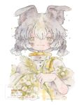  1girl animal_ears apron blush_stickers bow braid buttons closed_mouth commentary_request cropped_torso dog_ears fang fang_out flower freckles frills green_eyes grey_hair high_collar highres holding_wheat multicolored_hair mura_(yoshishi_ff) original painting_(medium) plaid_apron plaid_bow plaid_clothes puffy_sleeves shirt smile solo tareme three-quarter_sleeves traditional_media twin_braids two-tone_hair watercolor_(medium) watermark white_background white_flower white_hair white_shirt yellow_apron yellow_bow 
