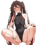  1girl absurdres black_leotard black_nails blush breasts brown_hair cameltoe commentary_request covered_nipples flower flower-shaped_pupils genshin_impact hair_between_eyes highres hu_tao_(genshin_impact) leotard long_hair looking_at_viewer paid_reward_available plum_blossoms red_eyes showtime775 small_breasts smile solo squatting sweat symbol-shaped_pupils teeth twintails 