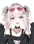  1girl :d absurdres bare_shoulders black_choker black_nails choker commentary eyewear_on_head facial_mark hair_ornament hair_ribbon heart heart_facial_mark highres honkai:_star_rail honkai_(series) jewelry long_hair long_sleeves looking_at_viewer necklace nicel official_alternate_costume official_alternate_hairstyle pink_eyes ribbon ring simple_background smile solo sparkle_(honkai:_star_rail) sparxie_(candy-coated_waves)_(honkai:_star_rail) sparxie_(honkai:_star_rail) sunglasses twintails two_side_up upper_body v white_background white_hair x_hair_ornament 