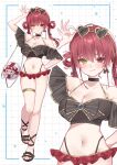  1girl arm_up armpit_crease armpits bag black_choker breasts choker cleavage collarbone commentary cowboy_shot earrings english_commentary eyewear_on_head feet full_body gold_trim grid_background hair_between_eyes hand_on_own_hip heart heart-shaped_eyewear heterochromia highres hololive houshou_marine jewelry large_breasts legs long_hair looking_at_viewer multiple_views nail_polish navel off_shoulder red_eyes red_hair saka_x_x sandals shoulder_bag smile stomach sunglasses swimsuit thigh_strap toenail_polish toenails toes twintails virtual_youtuber white_background yellow_eyes 