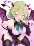  1girl absurdres aqua_hair black_shoes black_tail blush commentary_request demon_girl demon_horns demon_tail demon_wings detached_sleeves dragon_musume_ni_naritakunai! duel_masters empty_eyes fangs fishnet_gloves fishnets frilled_skirt frills from_above gloves green_hair hair_ornament heart highres horns kneeling koorizatou82 multicolored_hair nagareboshi_asche open_mouth purple_gloves purple_skirt purple_thighhighs shirt shoes skirt solo steaming_body sweat sweatdrop tail teeth thighhighs white_shirt wings yellow_eyes 