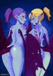  2girls anus ass blonde_hair blue_background blue_skin blush breasts censored colored_sclera colored_skin commentary english_commentary from_behind grin high_ponytail highres horns lips looking_at_viewer looking_back medium_hair mosaic_censoring multiple_girls nipples nude pointy_ears ponytail purple_hair purple_horns purple_lips pussy red_sclera rosalhymn small_breasts smile tail the_elder_scrolls winged_arms wings 