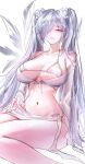  1girl absurdres bare_shoulders bikini blush breasts cinderella_(crystal_wave)_(nikke) cinderella_(nikke) cleavage closed_mouth collarbone commentary dieen goddess_of_victory:_nikke hair_over_one_eye highres large_breasts long_hair long_sleeves looking_at_viewer navel official_alternate_costume red_eyes sarong shirt smile solo stomach swimsuit untranslatable_commentary white_bikini white_hair white_sarong white_shirt 