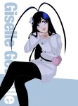  1boy absurdres antenna_hair bleach bleach:_sennen_kessen-hen blue_eyes character_name coat commentary_request crazy_smile feet_out_of_frame giselle_gewelle hat highres long_hair male_focus mini_hat pantyhose sanpaku smile solo trap white_background white_coat yusaku_lv 